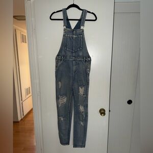 Honey Punch Blue Denim Distressed Overalls (S)